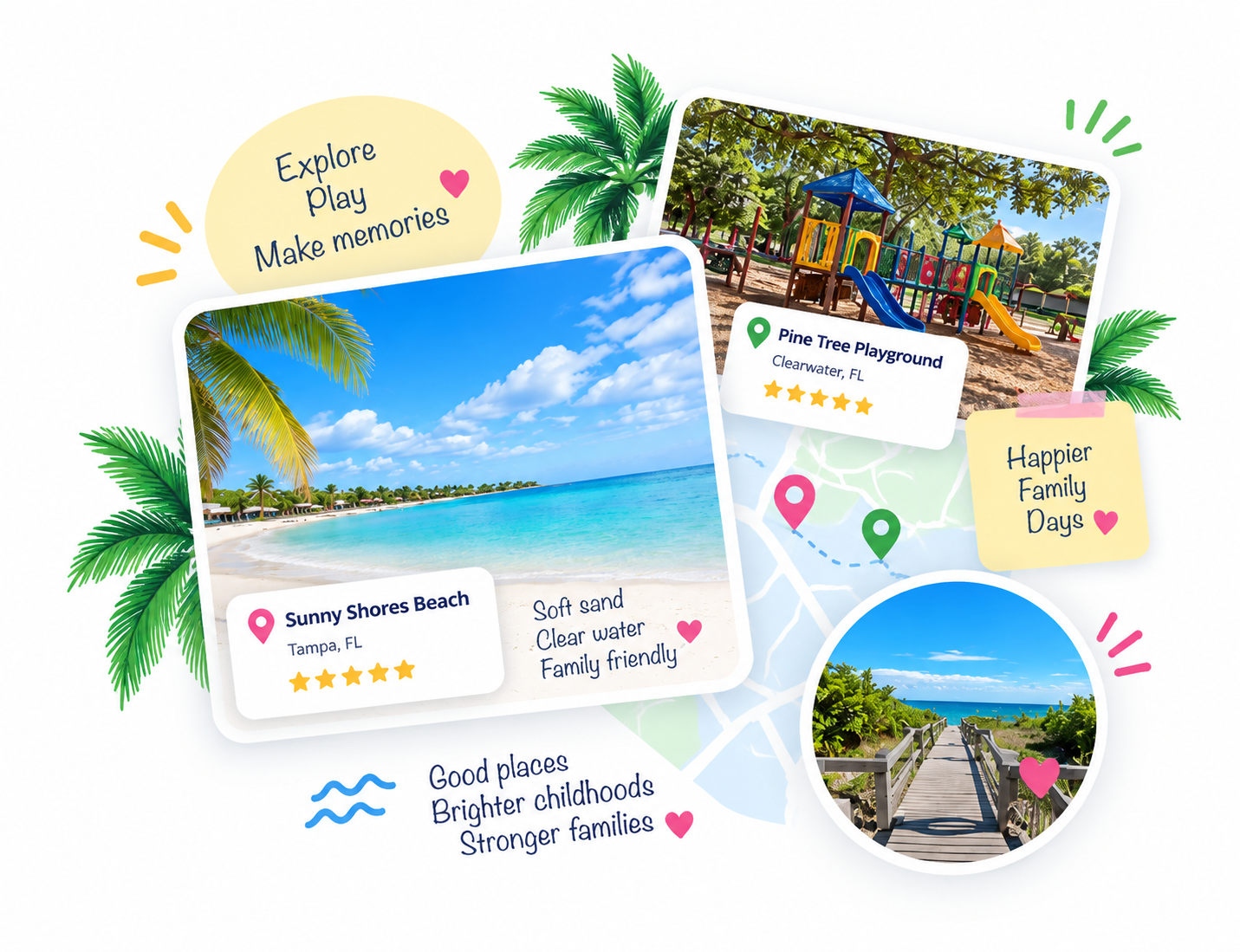 Family-friendly beach, playground and map collage