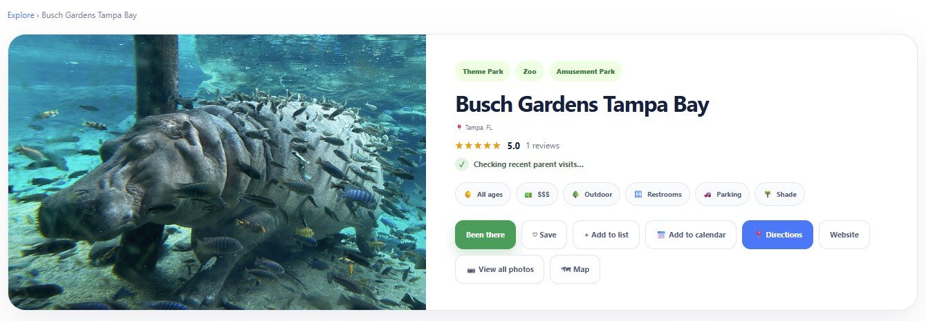 Place page with buttons Been there, Save, Add to list, Add to calendar and Directions