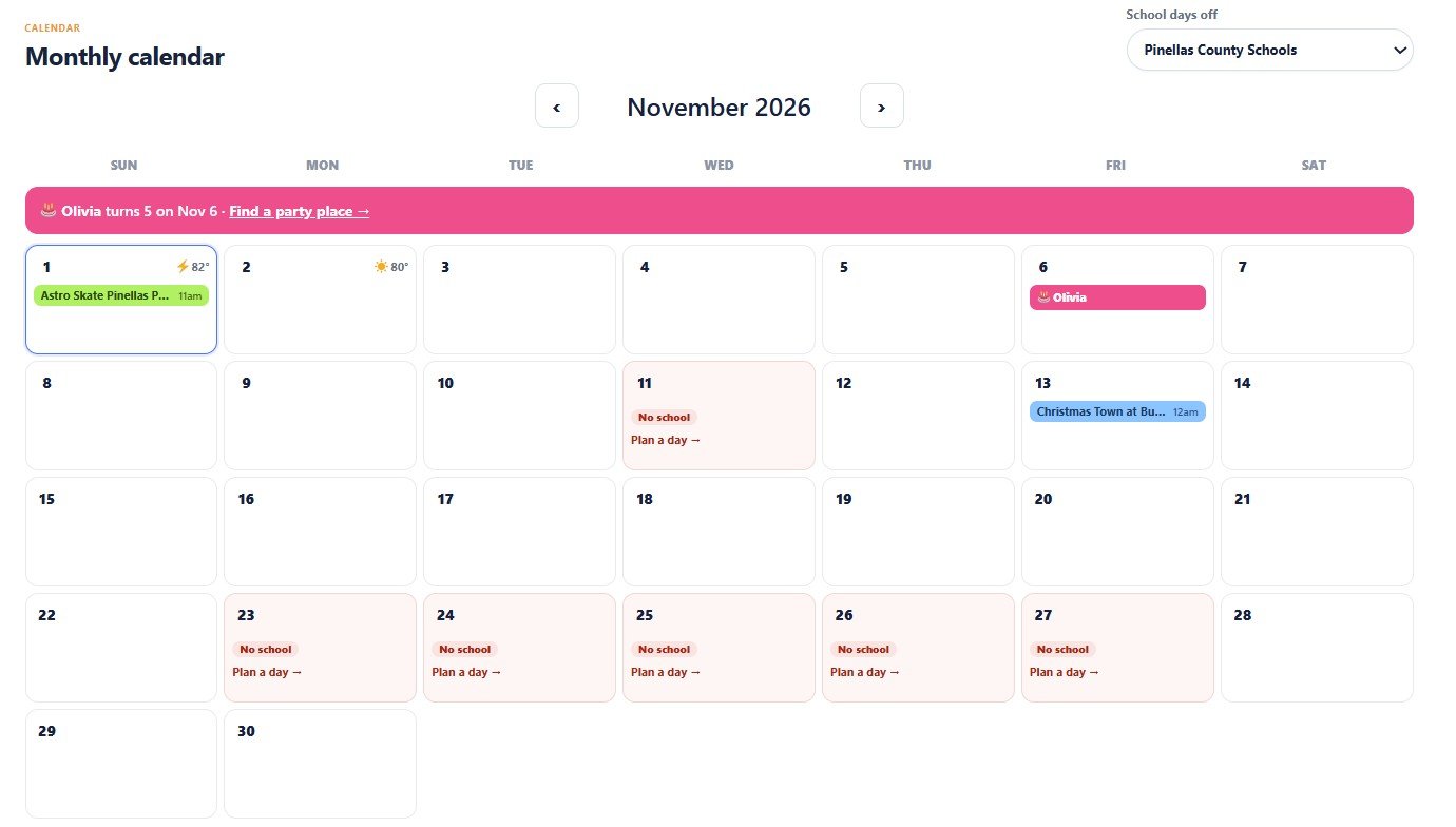 Monthly Family Calendar with plans, weather, a birthday reminder and school days off