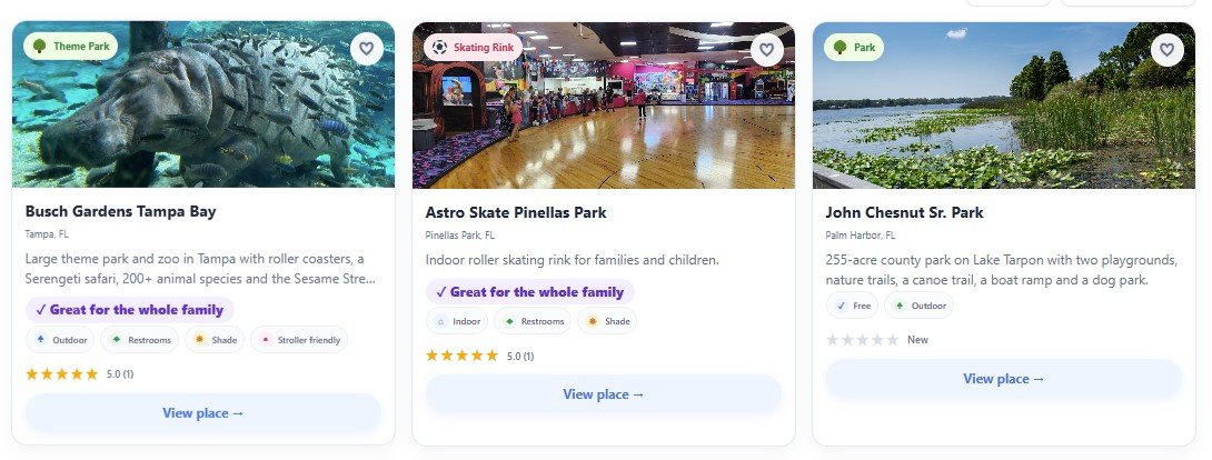Place cards for Busch Gardens Tampa Bay, Astro Skate Pinellas Park and John Chesnut Sr. Park