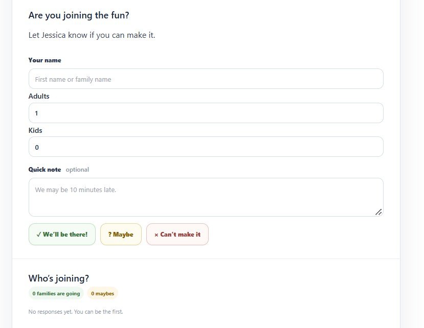 Invitation reply form with name, adults, kids, a note and three answer buttons