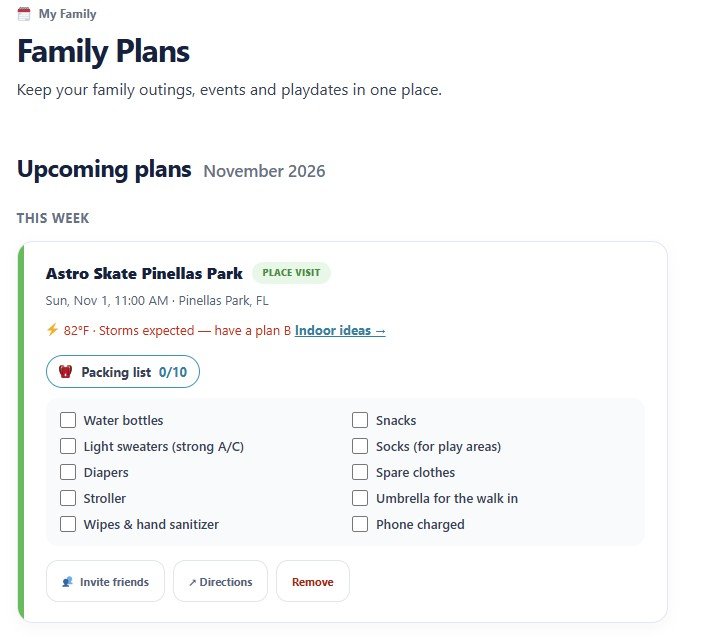 Plan for Astro Skate Pinellas Park with a weather note and a packing list with checkboxes