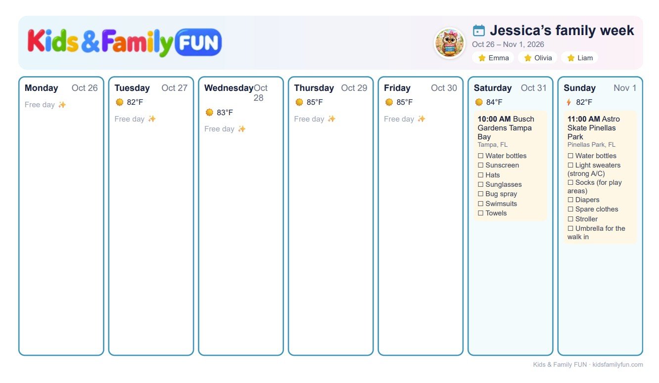Printed family week with plans, weather and packing checklists for each day